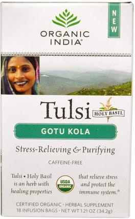 Tulsi Holy Basil Tea, Gotu Kola, Caffeine-Free, 18 Infusion Bags, 1.21 oz (34.2 g) by Organic India, 食物，涼茶，tulsi茶，補充劑，adaptogen HK 香港