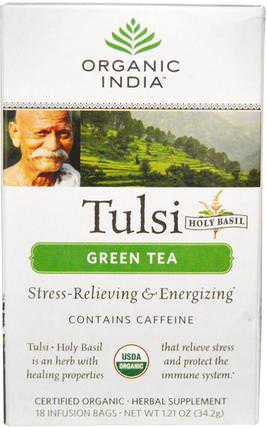 Tulsi Holy Basil Tea, Green Tea, 18 Infusion Bags, 1.21 oz (34.2 g) by Organic India, 食物，涼茶，tulsi茶，補充劑，adaptogen HK 香港