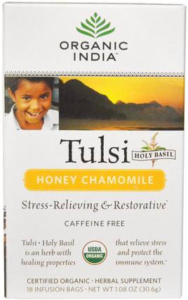Tulsi Holy Basil Tea, Honey Chamomile, Caffeine-Free, 18 Infusion Bags, 1.08 oz (30.6 g) by Organic India, 食物，涼茶，tulsi茶，補充劑，adaptogen HK 香港