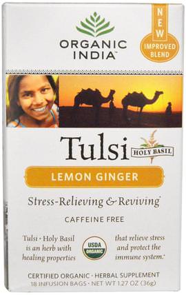 Tulsi Holy Basil Tea, Lemon Ginger, Caffeine Free, 18 Infusion Bags, 1.27 oz (36 g) by Organic India, 食物，涼茶，薑茶，圖爾西茶 HK 香港