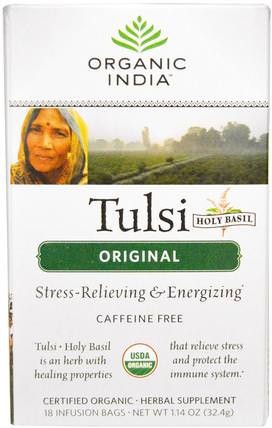 Tulsi Holy Basil Tea, Original, Caffeine-Free, 18 Infusion Bags, 1.14 oz (32.4 g) by Organic India, 食物，涼茶，tulsi茶，補充劑，adaptogen HK 香港