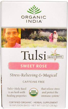 Tulsi Holy Basil Tea, Sweet Rose, Caffeine Free, 18 Infusion Bags, 1.01 oz (28.8 g) by Organic India, 食物，涼茶，tulsi茶，補充劑，adaptogen HK 香港