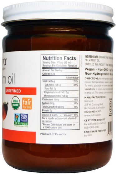 健康 - Nutiva, Organic Red Palm Oil, Unrefined, 15 fl oz (444 ml)