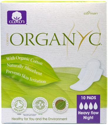 Organic Cotton Pads, Heavy Flow Night, 10 Pads by Organyc, 洗澡，美女，女人 HK 香港