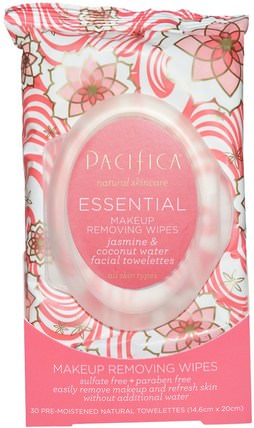 Essential Makeup Removing Wipes, Jasmine & Coconut Water, 30 Pre-Moistened Natural Towelettes by Pacifica, 美容，面部護理，面部濕巾，沐浴，卸妝 HK 香港