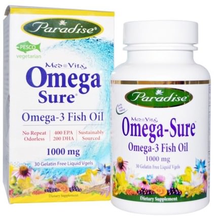 Med Vita, Omega Sure, Omega-3 Fish Oil, 1000 mg, 30 Liquid Vgels by Paradise Herbs, 補充劑，efa omega 3 6 9（epa dha），魚油，魚油軟膠囊 HK 香港