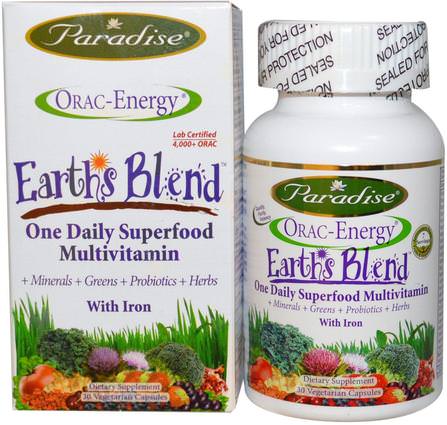 ORAC-Energy, Earths Blend, One Daily Superfood Multivitamin, With Iron, 30 Veggie Caps by Paradise Herbs, 維生素，多種維生素 HK 香港