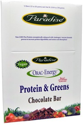 ORAC-Energy, Protein & Greens, Chocolate Bar, 12 Bars, 2.22 oz (63 g) Each by Paradise Herbs, 運動，蛋白質棒，素食 HK 香港