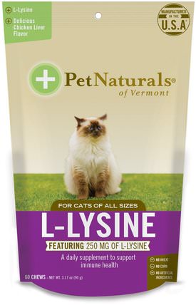 L-Lysine, For Cats, Chicken Liver Flavor, 250 mg, 60 Chews, 3.17 oz (90 g) by Pet Naturals of Vermont, 寵物護理，寵物貓的補充 HK 香港