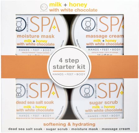 BCL Spa, 4 Step Starter Kit, Softening & Hydrating, Milk + Honey with White Chocolate, 4 - 3 fl oz (85 ml) Each by Petal Fresh, 沐浴，美容，沐浴鹽，禮品套裝 HK 香港