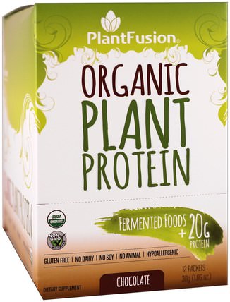 Organic Plant Protein, Chocolate, 12 Packets, 1.06 oz (30 g) Each by PlantFusion, 運動，補品，蛋白質 HK 香港