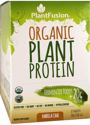 Organic Plant Protein, Vanilla Chai, 12 Packets, 1.06 oz (30 g) Each by PlantFusion, 運動，補品，蛋白質 HK 香港