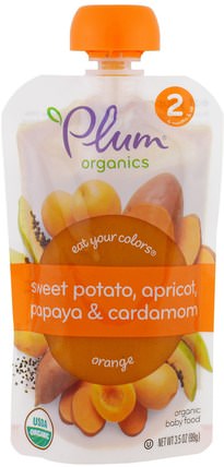 Stage 2, Eat Your Colors, Orange, Sweet Potato, Apricot, Papaya & Cardamon, 3.5 oz (99 g) by Plum Organics, 兒童健康，嬰兒餵養，食物 HK 香港