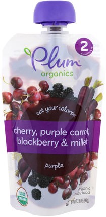 Stage 2, Eat Your Colors, Purple, Cherry, Purple Carrot, Blackberry & Millet, 3.5 oz (99 g) by Plum Organics, 兒童健康，嬰兒餵養，食物 HK 香港