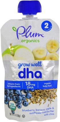 Grow Well, DHA, Blueberry, Banana, Apple & Sunflower Seed Butter with Chia, 3.5 oz (99 g) by Plum Organics, 兒童健康，嬰兒餵養，食物，兒童食品 HK 香港