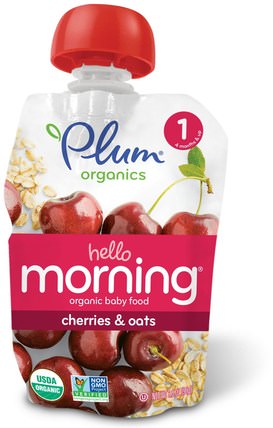 Organic Baby Food, Stage 1, Hello Morning, Cherries & Oats, 3.5 oz (99 g) by Plum Organics, 兒童健康，嬰兒餵養，食物，兒童食品 HK 香港
