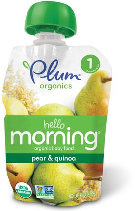 Organic Baby Food, Hello Morning, Stage 1, Pear & Quinoa, 3.5 oz (99 g) by Plum Organics, 兒童健康，嬰兒餵養，食物，兒童食品 HK 香港