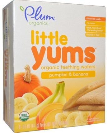 Little Yums, Organic Teething Wafers, Pumpkin & Banana, 6 Packs, 0.5 oz (14.1 g) Each by Plum Organics, 兒童健康，嬰兒出牙，嬰兒餵養，嬰兒零食和手指食品，出牙餅乾餅乾 HK 香港