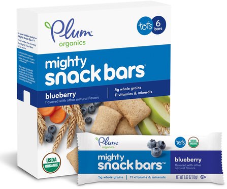 Tots, Mighty Snack Bars, Blueberry, 6 Bars, 0.67 oz (19 g) Each by Plum Organics, 兒童健康，嬰兒餵養，嬰兒零食和手指食品，兒童食品 HK 香港