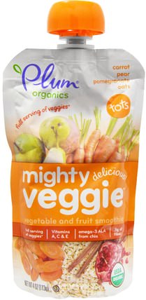 Tots, Mighty Veggie, Carrot, Pear, Pomegranate Oats, 4 oz (113g) by Plum Organics, 兒童健康，嬰兒餵養，食物，兒童食品 HK 香港