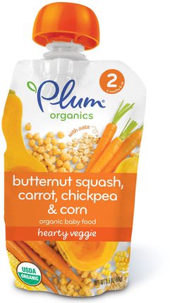 Organic Baby Food, Stage 2, Hearty Veggie, Butternut Squash Carrot & Chickpea, 3.5 oz (99 g) by Plum Organics, 兒童健康，嬰兒餵養，食物，兒童食品 HK 香港
