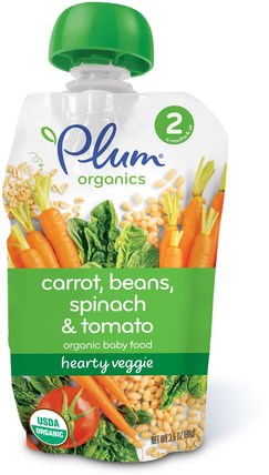 Organic Baby Food, Stage 2, Hearty Veggie, Carrot, Beans, Spinach & Tomato, 3.5 oz (99 g) by Plum Organics, 兒童健康，嬰兒餵養，食物，兒童食品 HK 香港