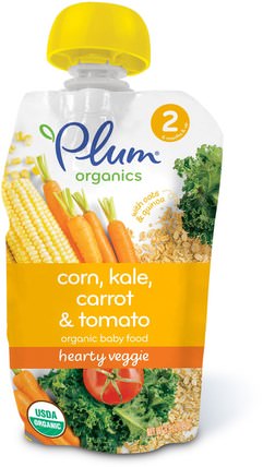Organic Baby Food, Stage 2, Hearty Veggie, Corn, Kale, Carrot & Tomato, 3.5 oz (99 g) by Plum Organics, 兒童健康，嬰兒餵養，食物，兒童食品 HK 香港