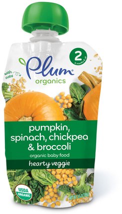 Organic Baby Food, Stage 2, Hearty Veggie, Pumpkin, Spinach, Chickpea & Broccoli, 3.5 oz (99 g) by Plum Organics, 兒童健康，嬰兒餵養，食物，兒童食品 HK 香港