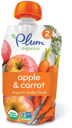 Organic Baby Food, Stage 2, Apple & Carrot, 4 oz (113 g) by Plum Organics, 兒童健康，嬰兒餵養，食物，兒童食品 HK 香港