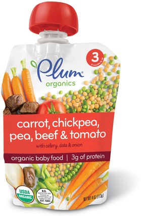 Organic Baby Food, Stage 3, Carrot, Chickpea, Pea, Beef & Tomato, 4 oz (113 g) by Plum Organics, 兒童健康，嬰兒餵養，食物，兒童食品 HK 香港