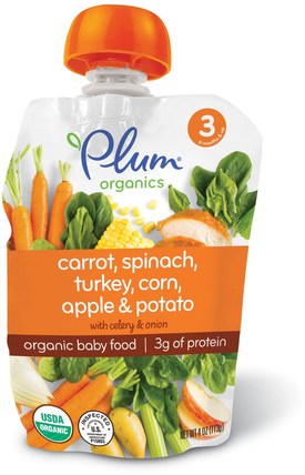 Organic Baby Food, Stage 3, Carrot, Spinach, Turkey, Corn, Apple & Potato, 4 oz (113 g) by Plum Organics, 兒童健康，嬰兒餵養，食物，兒童食品 HK 香港
