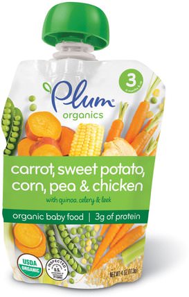 Organic Baby Food, Stage 3, Carrot, Sweet Potato, Corn, Pea & Chicken, 4 oz (113 g) by Plum Organics, 兒童健康，嬰兒餵養，食物，兒童食品 HK 香港