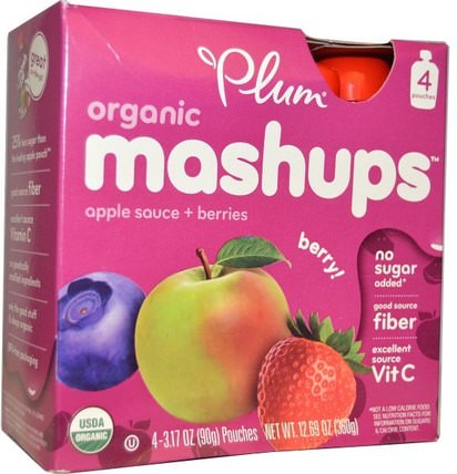 Organic Mashups, Apple Sauce + Berries, Berry, 4 Pouches, 3.17 oz (90 g) Each by Plum Organics, 兒童健康，嬰兒餵養，食物，兒童食品 HK 香港