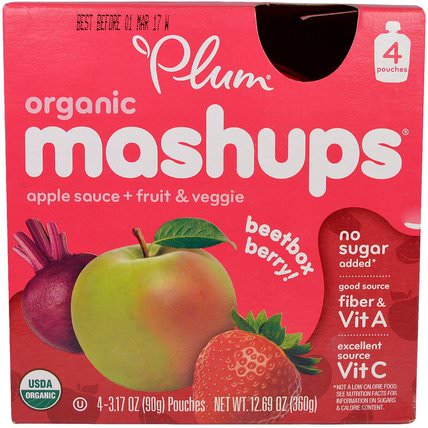 Organic Mashups, Apple Sauce + Fruit & Veggie, Beetbox Berry, 4 Pouches, 3.17 oz (90 g) Each by Plum Organics, 兒童健康，兒童食品 HK 香港