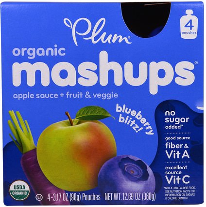 Organic Mashups, Apple Sauce + Fruit & Veggie, Blueberry Blitz, 4 Pouches, 3.17 oz (90 g) Each by Plum Organics, 兒童健康，兒童食品 HK 香港