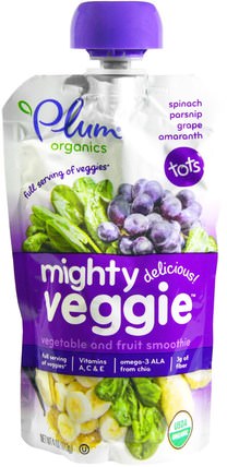Tots, Organic Mighty Veggie, Spinach, Parsnip, Grape, Amaranth, 4 oz (113 g) by Plum Organics, 兒童健康，嬰兒餵養，食物，兒童食品 HK 香港