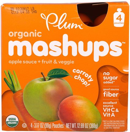 Organic Mashups, Apple Sauce + Fruit & Veggie, Carroty Chop, 4 Pouches, 3.17 oz (90 g) Each by Plum Organics, 兒童健康，嬰兒餵養，食物，兒童食品 HK 香港