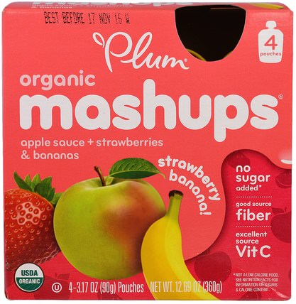 Plum, Organic Mashups, Apple Sauce + Strawberries & Bananas, Strawberry Banana, 4 Pouches, 3.17 oz (90 g) Each by Plum Organics, 兒童健康，嬰兒餵養，食物，兒童食品 HK 香港