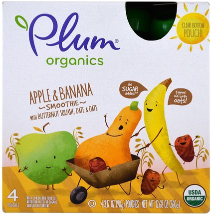 Smoothie, Apple & Banana, Butternut Squash, Date & Oats, 4 Pack-3.17 oz (90 g) Each by Plum Organics, 兒童健康，嬰兒餵養，食物 HK 香港