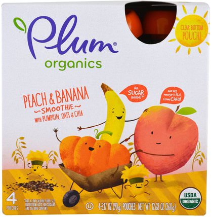 Smoothie, Peach & Banana, Pumpkin, Oats & Chia, 4 Pack-3.17 oz (90 g) Each by Plum Organics, 兒童健康，嬰兒餵養，食物 HK 香港