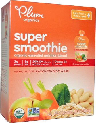 Super Smoothie, Apple, Carrot & Spinach with Beans & Oats, 4 Pouches, 4 oz (113 g) Each by Plum Organics, 兒童健康，嬰兒餵養，食物，兒童食品 HK 香港