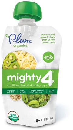 Tots, Mighty 4, Nutritious Blend of 4 Food Groups, Spinach, Kiwi, Barley, Greek Yogurt, 4 oz (113 g) by Plum Organics, 兒童健康，嬰兒餵養，食物，兒童食品 HK 香港