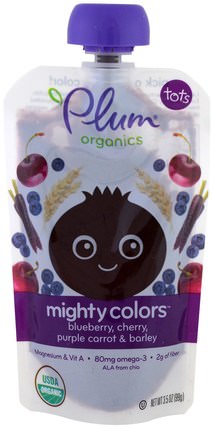 Tots, Mighty Colors, Purple, Blueberry, Cherry, Purple Carrot & Barley, 3.5 oz (99 g) by Plum Organics, 兒童健康，嬰兒餵養，食物 HK 香港