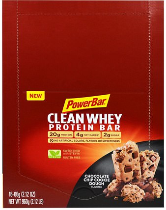 Clean Whey Protein Bar, Chocolate Chip Cookie Dough, 16 Bars, 2.12 oz (60 g) Each by PowerBar, 補充劑，蛋白質，運動蛋白質，運動，蛋白質棒 HK 香港