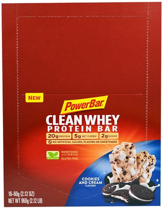 Clean Whey Protein Bar, Cookies and Cream Flavored, 16 Bars, 2.12 oz (60 g) by PowerBar, 補充劑，蛋白質，運動蛋白質，運動，蛋白質棒 HK 香港