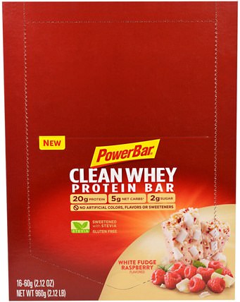 Clean Whey Protein Bar, White Fudge Raspberry Flavored, 16 Bars, 2.12 oz (60 g) Each by PowerBar, 補充劑，蛋白質，運動蛋白質，運動，蛋白質棒 HK 香港