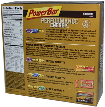 Performance Energy, Chocolate Flavor, 12 Bars, 2.29 oz (65 g) Each by PowerBar, 運動，蛋白質棒 HK 香港