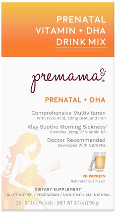 Prenatal Vitamin Drink Mix, Essentials + DHA, Natural Citrus Flavor, 28 Packets, 3.74 oz (106 g) by Premama, 維生素，產前多種維生素 HK 香港