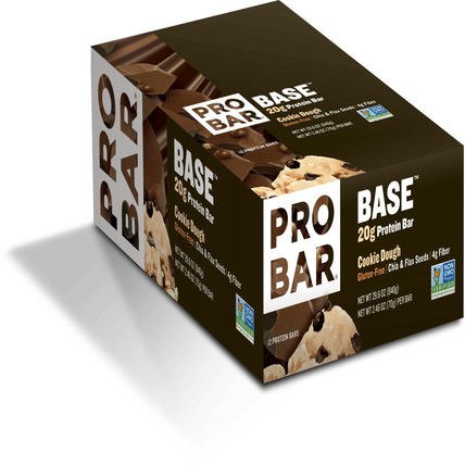 Base, 20 g Protein Bar, Cookie Dough, 12 Bars, 2.46 oz (70 g) Each by ProBar, 運動，蛋白質棒，素食 HK 香港