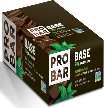Base, 20 g Protein Bar, Mint Chocolate, 12 Bars, 2.46 oz (70 g) Each by ProBar, 運動，蛋白質棒 HK 香港
